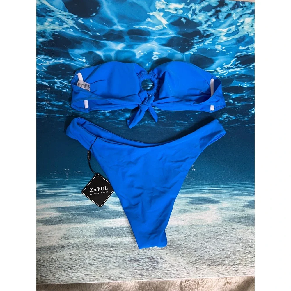 ☀️Zaful Blue O-Ring Bandeau Bikini Set High Cut Swimsuit NWT